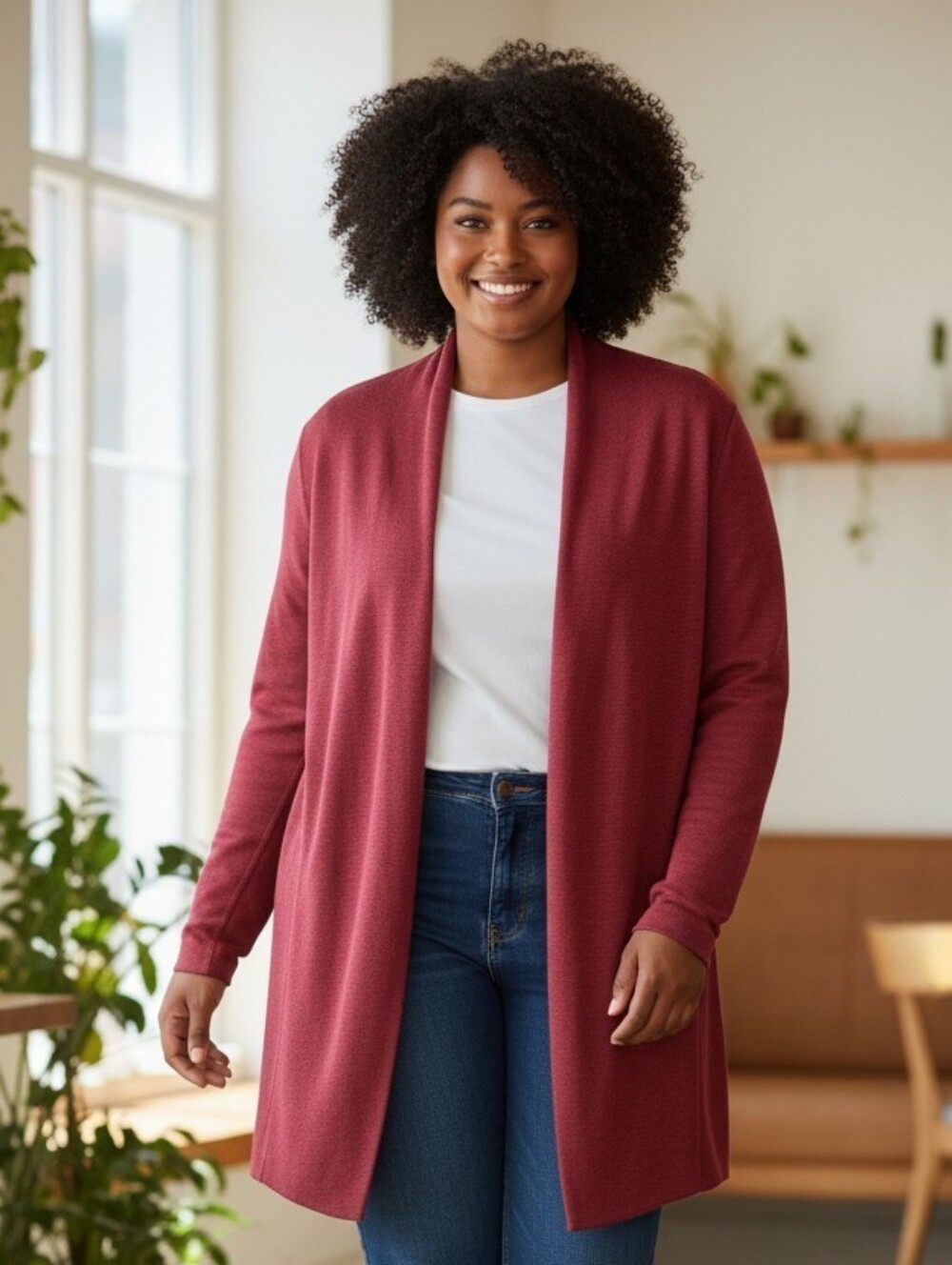 Eileen Fisher open-front knit cardigan sweater in a rich red/berry Sz XL Silk